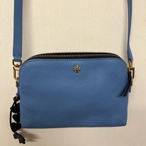 Tory Burch Mini Blue Pebbled Leather Cross Body Bag